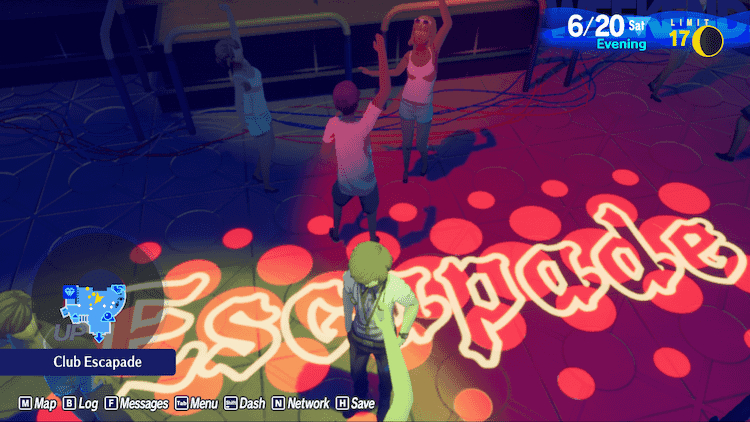 A bird's-eyes view of Makoto standing in the center of Club Escapade. A circle of pale green light washes him out next to a similarly sized magenta light circle. Spelled out right behind him on the floor in white letters is 'Escapade,' and a few people are dancing behind him, too.
