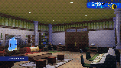 A wide shot of the dorm's Command Room, dithered to give it a sense of age. It's well furnished with a bookcase, shelving, a couch, and other places to sit. On the right are two green chairs and the controll panel. Noticeably, the top panel and ceiling are an olive green, which contrasts well with the brown of the trim, door, and select furnishings.