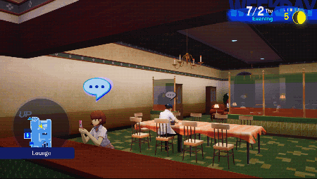 Wide shot of the lounge. Yukari sits closest, at the bar, and is looking at her phone. Behind her, Junpei sits at the dining table. Barely in view is Mitsuru and Akihiko sitting on the couch.