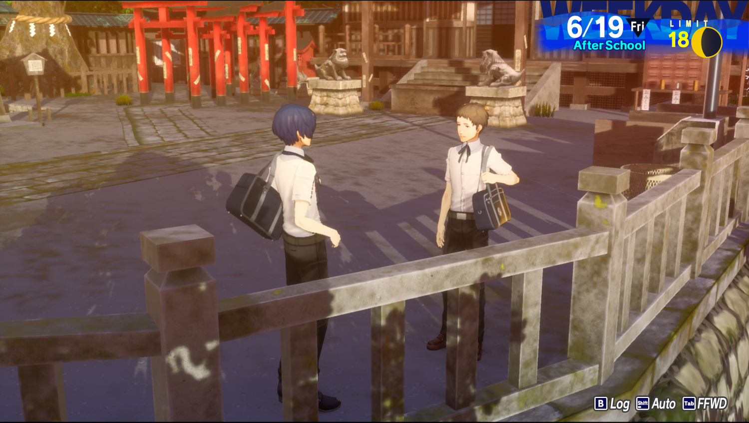 Makoto and Kenji standing towards the side of Naganaki Shrine. It's after school and judging by the lighting, the sun is starting to set.