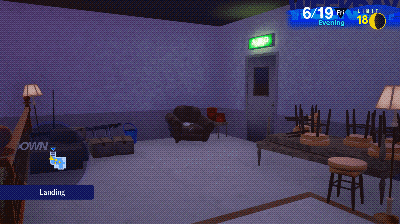 The top landing of the stairs located in the dorm. It's dithered to give it an interesting aged look. Not much is up there. There are cardboard boxes, a cushioned chair, and a table in the opposite corner. The eye is drawn to the door leading to the roof, with a glowing green sign above it and its light reflected on the ceiling.