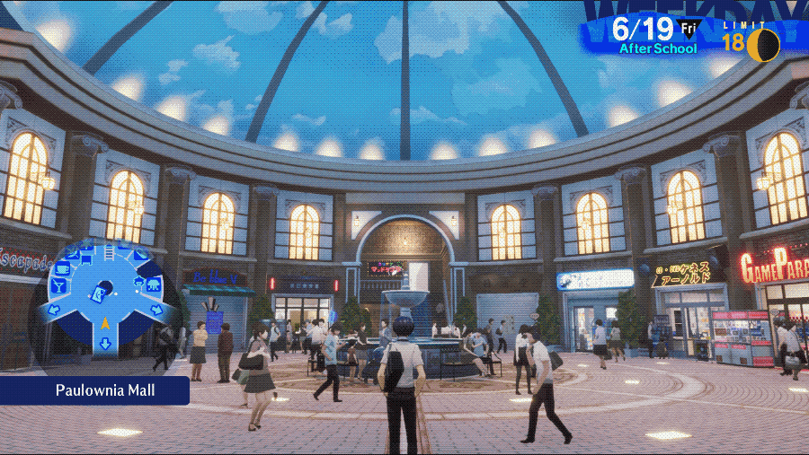 Makoto stands at the bottom center of the photo, looking forward at Paulownia Mall. The camera is tipped upwards to show the dome encasing the mall, diffuse lights at its base and giving way to a bright, blue sky outside.