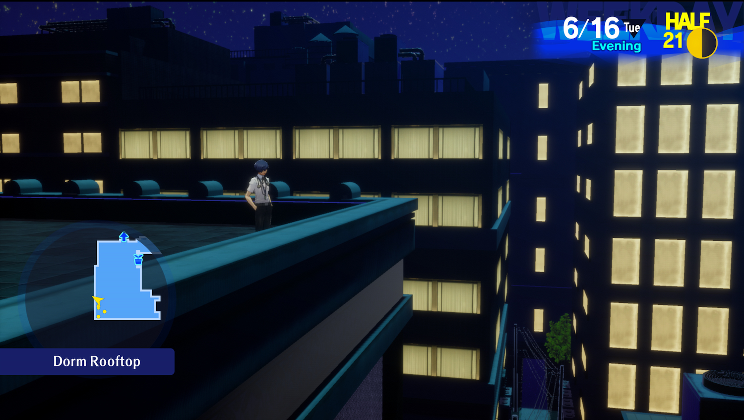Makoto standing on the edge of the dorm rooftop at night. In the background are a grid of buildings, each of its windows lit up with a warm yellow light.