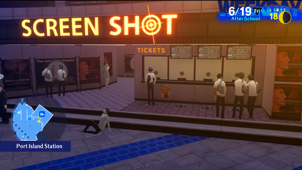 Makoto stands at the ticket counter for the theatre named 'Screen Shot.'