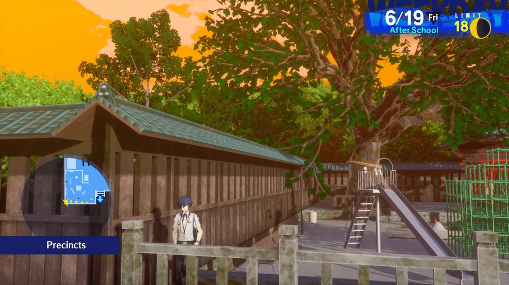 Makoto stands alone in the far left corner of Naganaki Shrine where the playground is located. Behind him is an orange juice-coloreded sky, contrasted beautifully against bright, verdant trees.