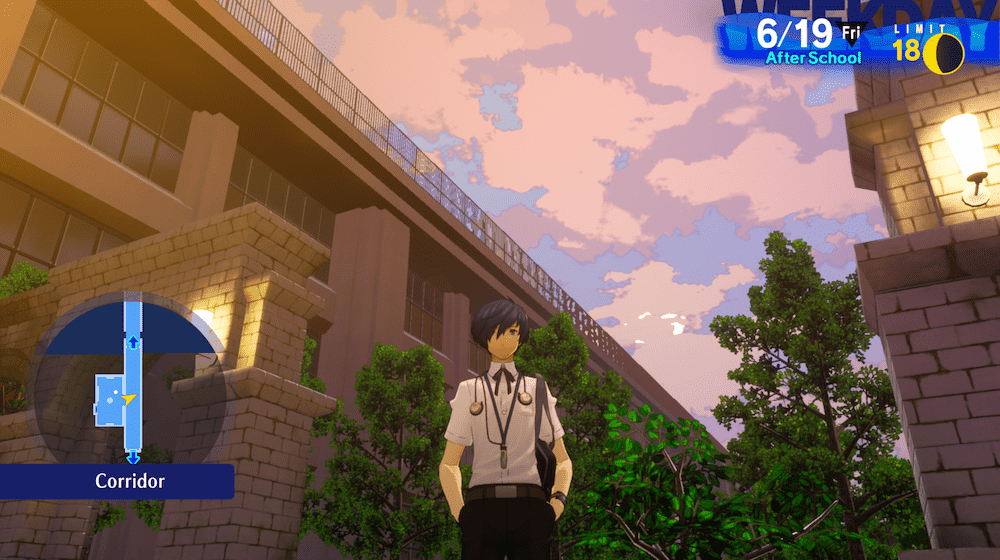 Makoto standing in the school corridor where the persimmon tree is located just behind him. The sky is light blue and peppered with light pink clouds.