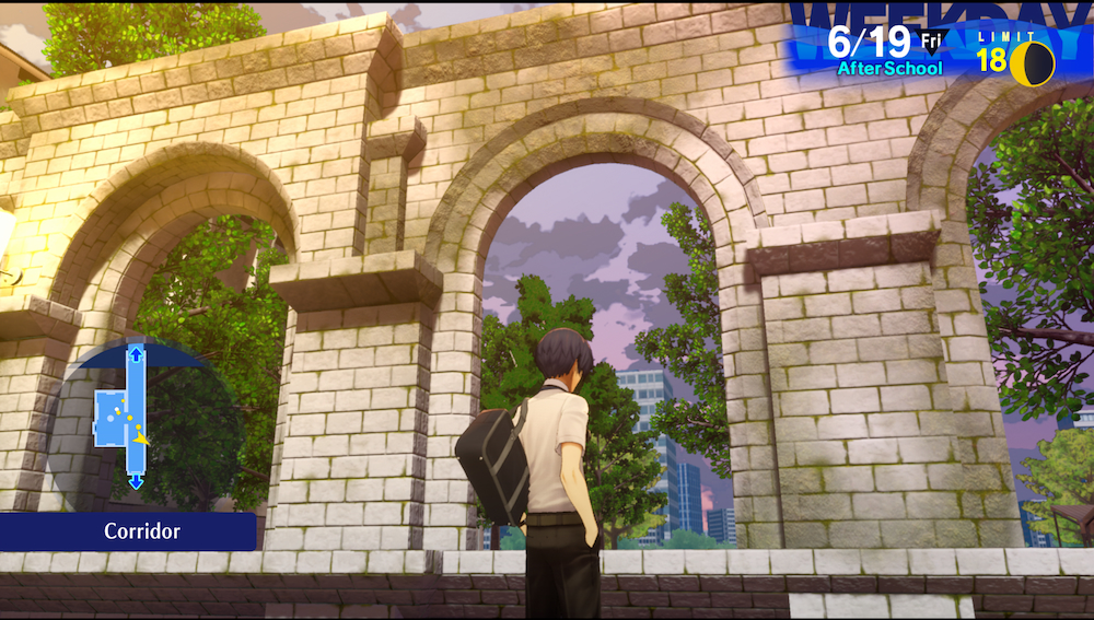 Makoto looking out of the arches in the corridor to see a buildings in the distance and a setting sky in pink and purple.