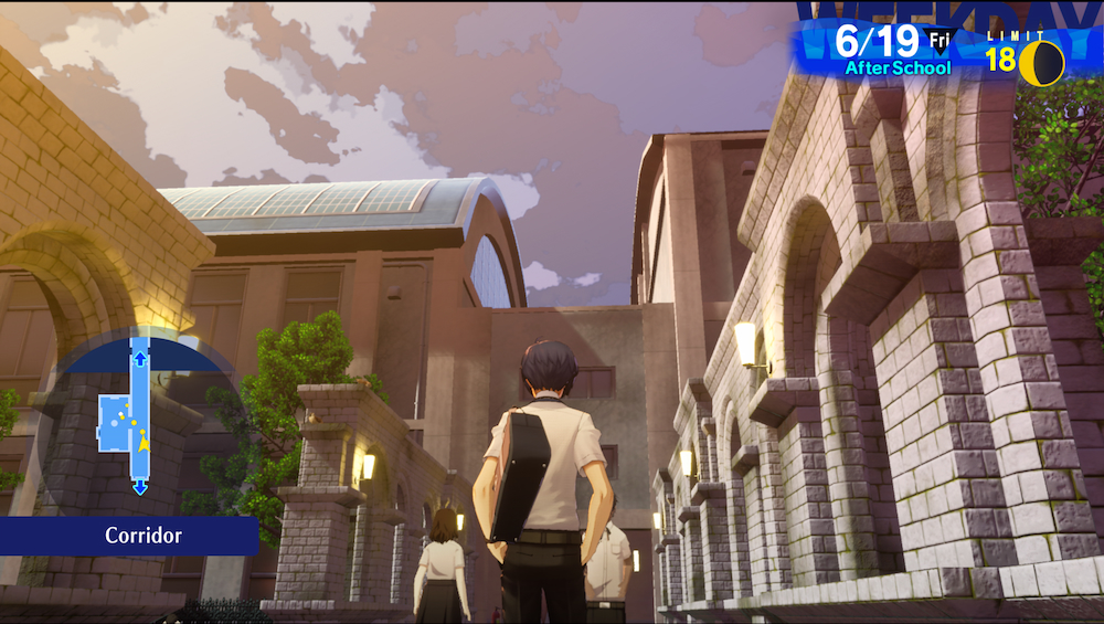 A shot of Makoto's back. He's looking at the large adjoining school buildings in front of him.