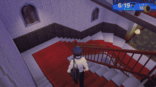 A dithered picture of Makoto Yuki walking down the dorm stairs leading to the first floor. The camera looks down on him as he descends. Beneath his feet is a strip of red carpeting.