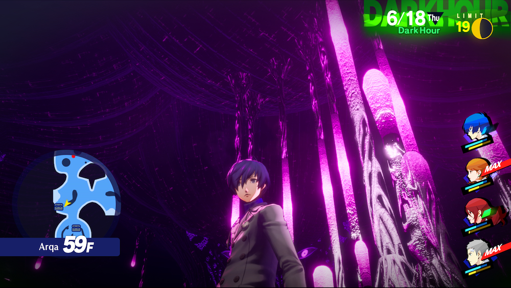 A shot looking up at Makoto as he stands on foor 59 of Arqa. Directly behind him are pink glowing columns that cast a pink glow on his body.