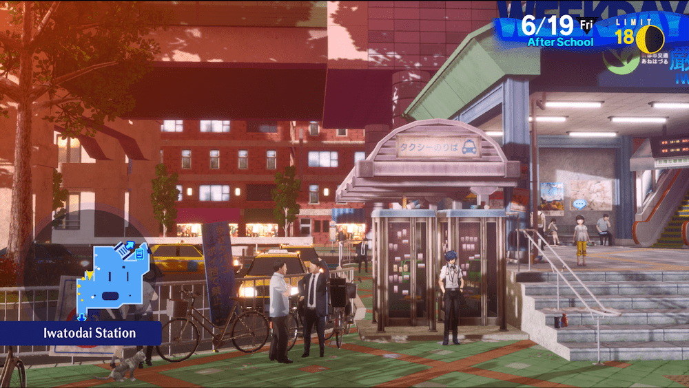 Makoto Yuki stands in Iwatodai Station as the background buildings are tinged in a tomato red brought by a setting sun.