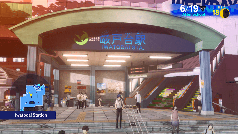 Makoto Yuki stands on the top step of Iwatodai Station towards at the camera. Most prominent is the arching sign behind him which reads, 'Iwatodai Sta.'