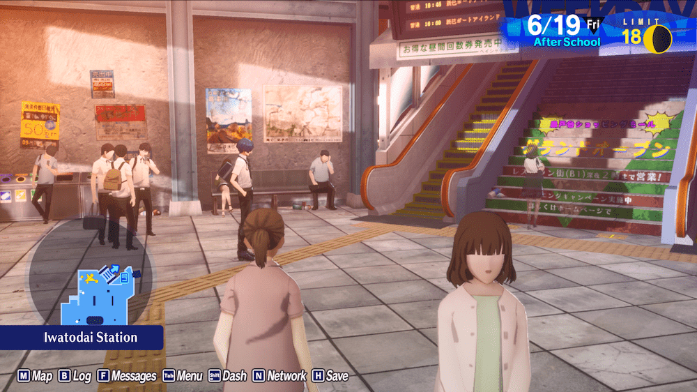 Another screencap of the station, this time under the awning. The eye is drawn towards the white sunlight streaming onto the escalator and accompanying painted stairs of the station.