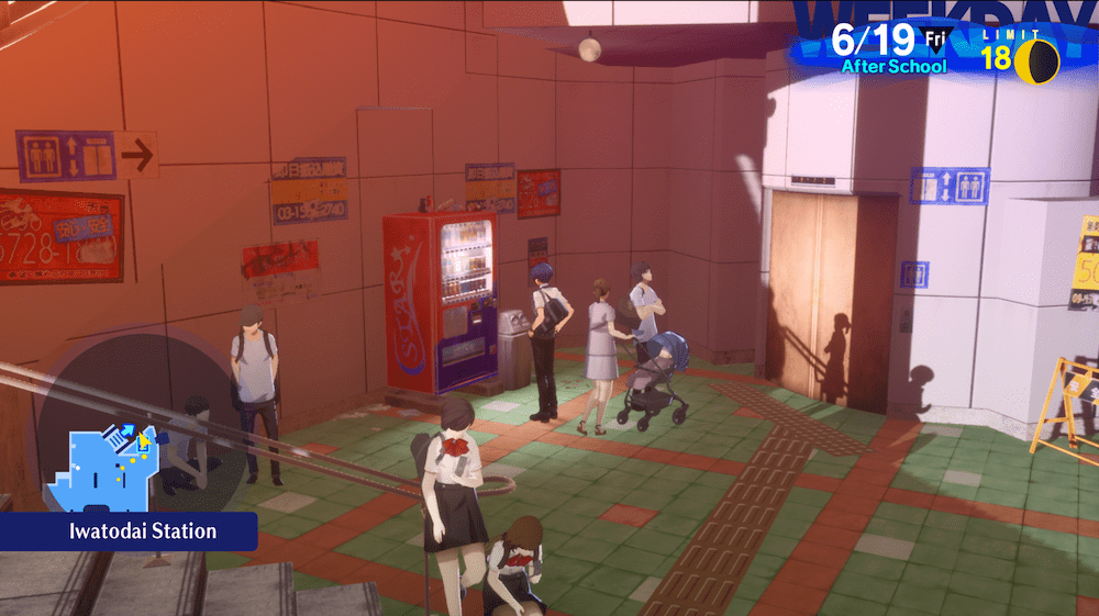 Makoto Yuki on the right side of Iwatodai Station, looking at the vending machine in front of him. The shadowed wall is a tomato orange.