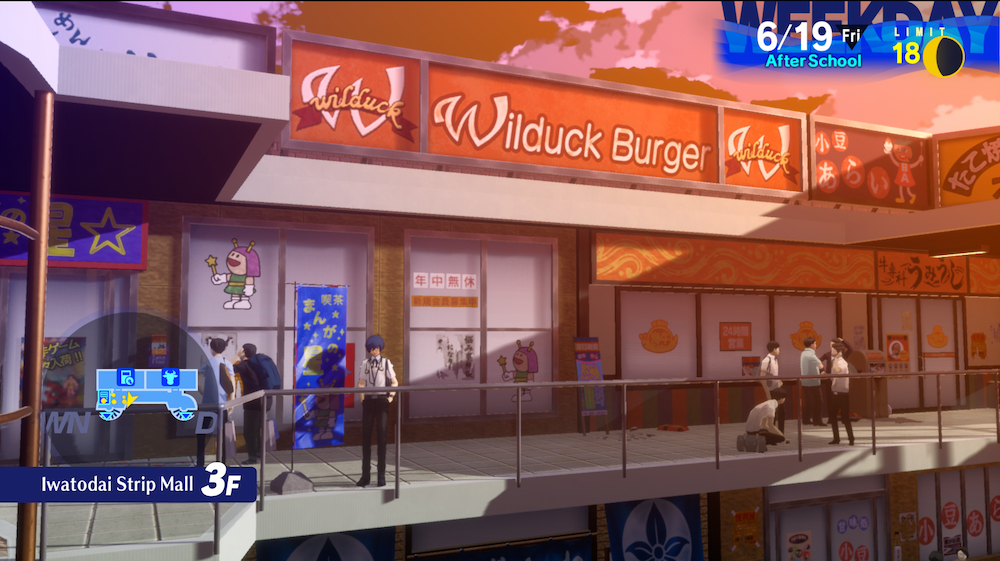 Makoto Yuki standing on the third floor of the Iwatodai Strip Mall. It's essentially golden hour as a warm orange-pink light cascades over a section of Wilduck Burger, the building behind Makoto.