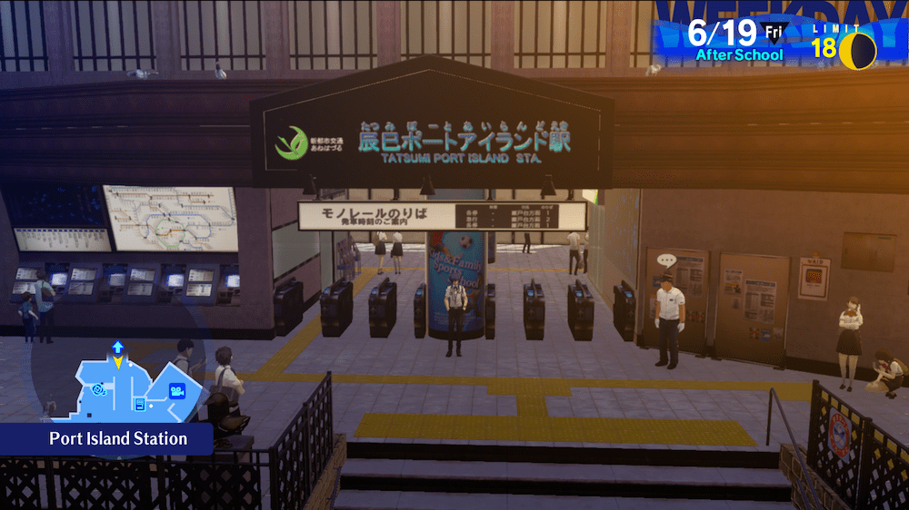 A wide shot of the upper floor of Port Island Station as indicated by the sign behind Makoto.